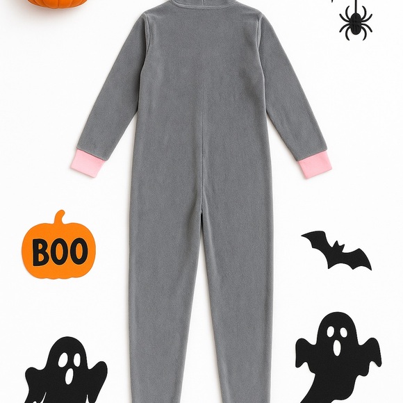 PJ Couture Gray Cat Hooded Pajama Suit M Fleece Pink Trim - Picture 5 of 6